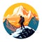 Man standing on top of cliff at sunset. High mountain hiking and trips to the countryside. cartoon vector illustration, isolated