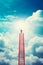 Man standing on top of red ladder in the middle of cloudy sky. Generative AI