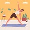 Man standing in triangle pose, practicing yoga vector flat illustration. Smiling male character doing asana at home