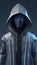 man standing wearing hood and job role is Data engineer and experienced Cyber Security Engineer AI machine learning Hacker and he