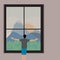 Man standing by the window looking mountain vector