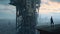 man stands atop crumbling skyscraper, digital art illustration, Generative AI