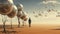 A man stands in the desert with many silver balloons, AI