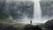 a man stands in front deep forest waterfall , Generative AI