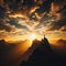 Man stands on mountain path with glorious sunset