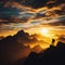 Man stands on mountain path with glorious sunset