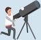 Man stands near telescope, magnifying equipment. Person uses astronomical optical device to observe