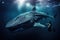 A man stands next to a massive whale in the underwater world, Whale shark and underwater photographer, AI Generated