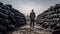 A man stands beside a stacked tires