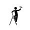 man stands on a stepladder and paints a wall with a roller, sticks figure isolated pictogram