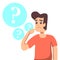 A man stands and thinks. Thinking man with a question mark and a finger at the chin. Cartoon illustration of a man