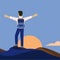 A man stands on top of a mountain, arms out to the side and looks at the sunrise. Vector illustration