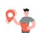 The man stands waist-deep and holds a location icon in his hands. Isolated. Element for presentations, sites.