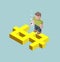 Man stay on giant dollar sign, isometric cubes composition.