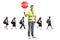 Man with a stop traffic sign and schoolchildren crossing road
