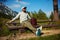 Man stretches hands on the bench and admiring the view