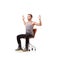 Man, stretching and hands on chair in studio for exercise, workout or posture training with concentration. Person