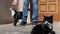 Man stroking his cat in front of door of house