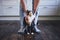 Man stroking his mottled cat at home