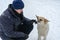 A man is stroking a large street dog in the snow. An adult man crouches next to a white and red male dog. A kind stray dog. A