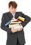 Man - student hold heap of books and textbooks