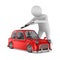 Man studies red car on white background. Isolated 3d illustration