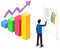 Man studies statistics shown on bar chart. Analyze diagrams concept. Guy working with data