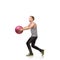 Man in studio with power, gym ball and mockup for exercise, body wellness and commitment. Workout, muscle training and