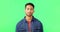 Man, studio and sad portrait on green screen while shaking head for feedback, fail or no. Face of asian male model