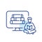 Man studying reading a book sitting with legs crossed. Learning from home using digital library. Pixel perfect icon