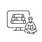 Man studying reading a book sitting with legs crossed. Learning from home using digital library. Simple icon