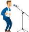 Man suffering from fear, phobia of public speaking. Frightened speaker standing near microphone