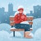 Man suffers from frostbite. A guy with frozen hands in winter sits on a bench covered in snow in winter. Textured flat hand drawn