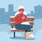 Man suffers from frostbite. A guy with frozen hands in winter sits on a bench covered in snow in winter. Vector flat hand drawn