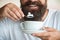 Man and sugar. Calories. Sugar free. Coffee sweetener. Dental health and overweight. Bearded man drinking tea. Diet.