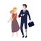 Man in suit with artificial limb walking with his girlfriend, wife or friend. Male character with leg prosthesis with