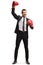 Man in a suit with boxing gloves raising one hand as a winner