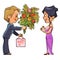 Man in suit gives a bouquet of flowers and a gift woman