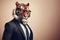 man in suit and glasses is wearing tiger costume anthropomorphic