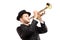 Man in a suit with a hat playing a trumpet