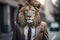 Man in suit with a lion head and blurred background