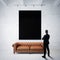 Man in suit looking at black poster holding on the white brick wall. Classic sofa, wood floor. Vertical