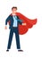 Man in suit and red cape standing in strong pose. Confident businessman concept