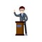 Man in the suit stay behind podium. Presidential election. Political debate. Lecturer in class