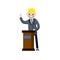 Man in the suit stay behind podium. Presidential election. Political debate. Lecturer in class