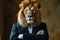 Man in suit and tie with lion head wearing black jacket. Generative AI