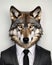 Man in suit with wolf head wearing black tie. Generative AI