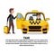 Man With Suitcase Sitting In Yellow Cab Car Taxi Service Icon Over Background With Copy Space