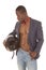 Man suitcoat tie no shirt helmet look down