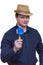 Man with summer hat holding blue Maraca or Rumba shaker